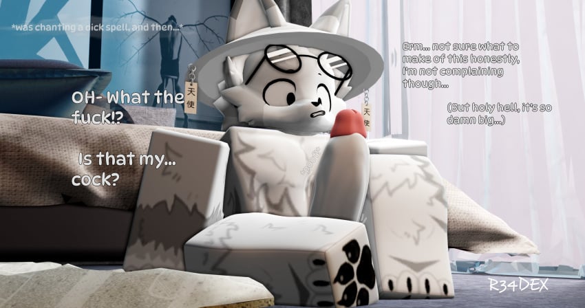 1boy 3d anthro artist_name english_text erection fäuks_(oc) fox furry huge_cock humanoid_penis magic magic_user male male_only penis r34dex roblox robloxian shocked surprised tagme text white_body white_fur