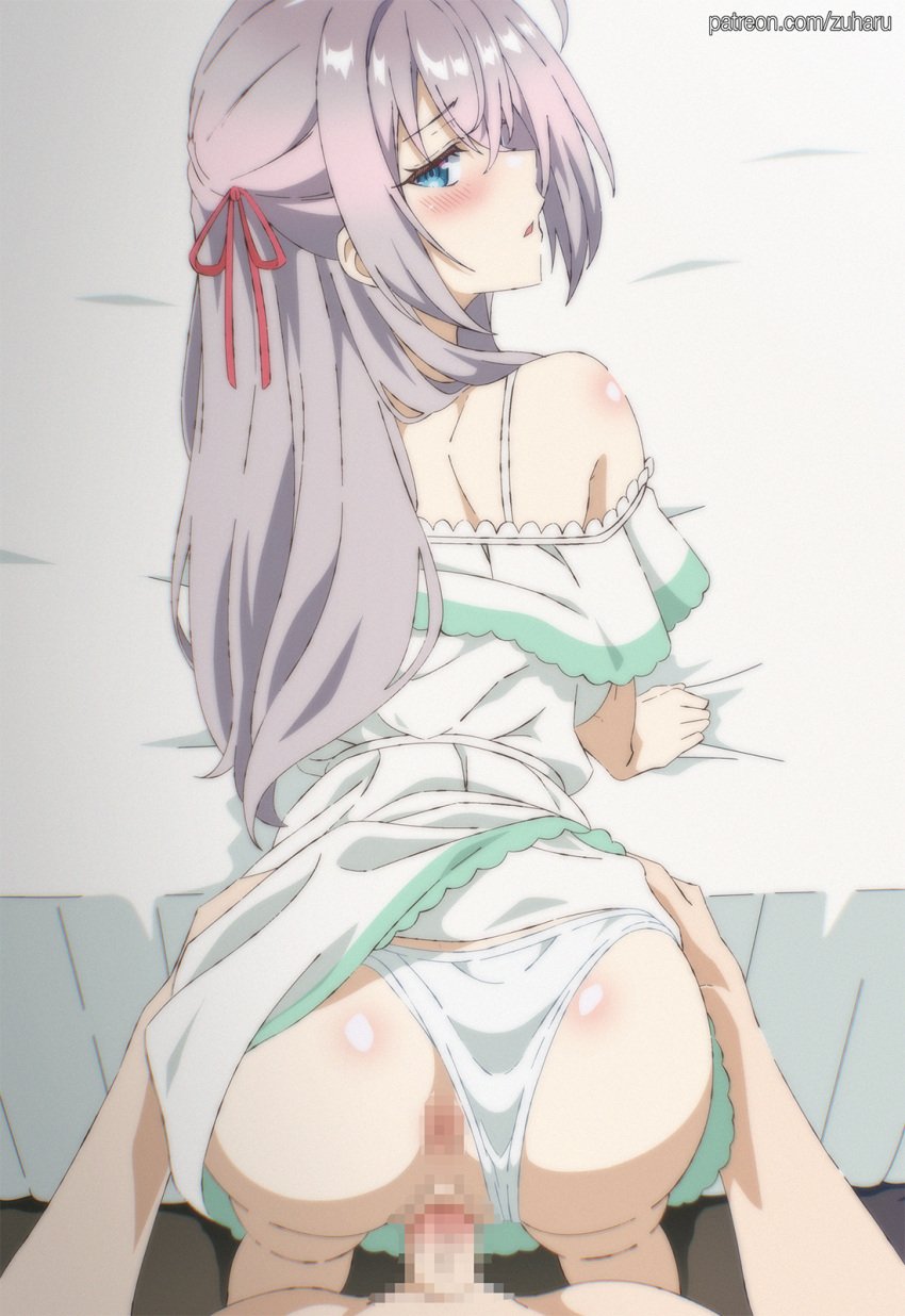 1boy alisa_mikhailovna_kujou artist_name ass bed bedroom bent_over blush censored clothing_aside commentary dress english_commentary female from_behind grey_hair hair_ribbon half-closed_eyes highres kuze_masachika long_hair mosaic_censoring paid_reward_available panties panties_aside parted_lips patreon_username pov pov_crotch red_ribbon ribbon sex spaghetti_strap straight tokidoki_bosotto_russian_de_dereru_tonari_no_alya-san underwear vaginal_penetration web_address white_dress white_panties zuharu