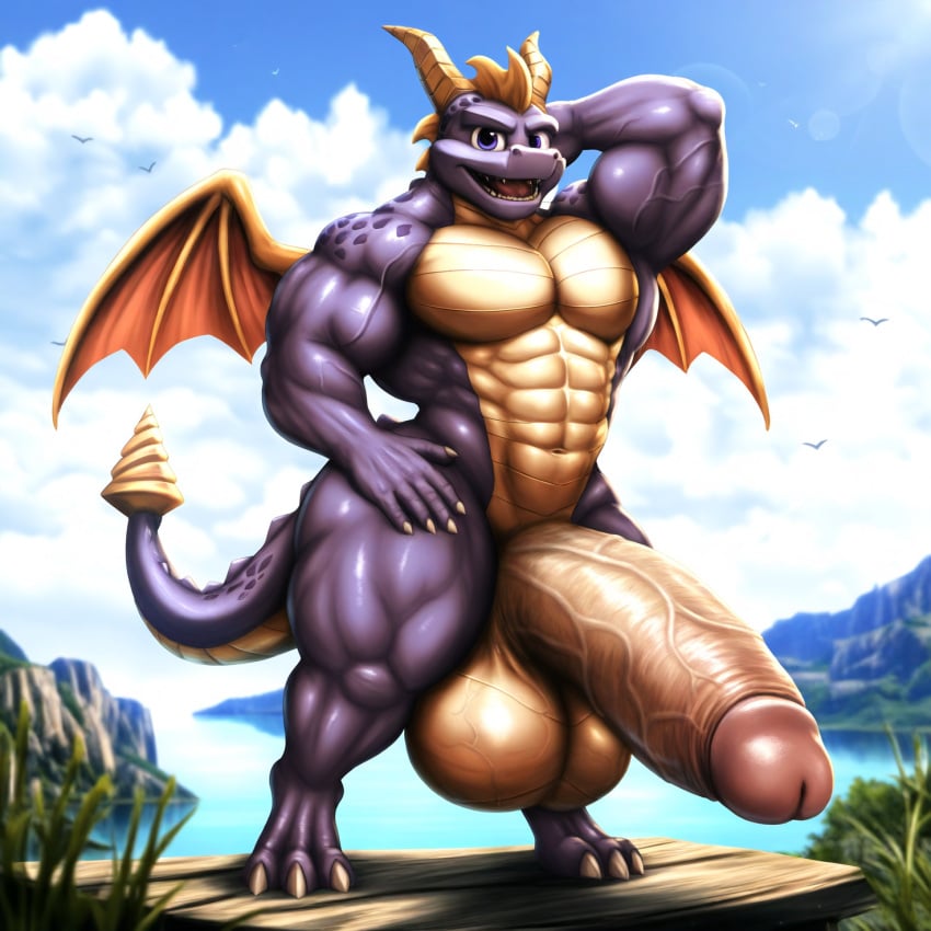 3_toes 5_fingers abs absolute_unit ai_generated anthro anthro_only bara biceps bodybuilder broad_shoulders calves cocky completely_nude digitigrade dragon dragon_boy dragon_horns dragon_tail drill_tail erection gold_scales hand_behind_head hand_on_hip hung hunk hyper hyper_balls hyper_penis looking_at_viewer male male_only muscular muscular_anthro muscular_arms muscular_ass muscular_legs muscular_male muscular_penis muscular_thighs nai_diffusion nude outdoors pectorals posing presenting_body proud proud_of_his_cock purple_body purple_eyes scalie semi-erect shameless shiny_skin solo spyro spyro_reignited_trilogy spyro_the_dragon standing swollen_balls thick_arms thick_penis thick_thighs veiny_arms veiny_penis veiny_testicles video_games wide_hips wings