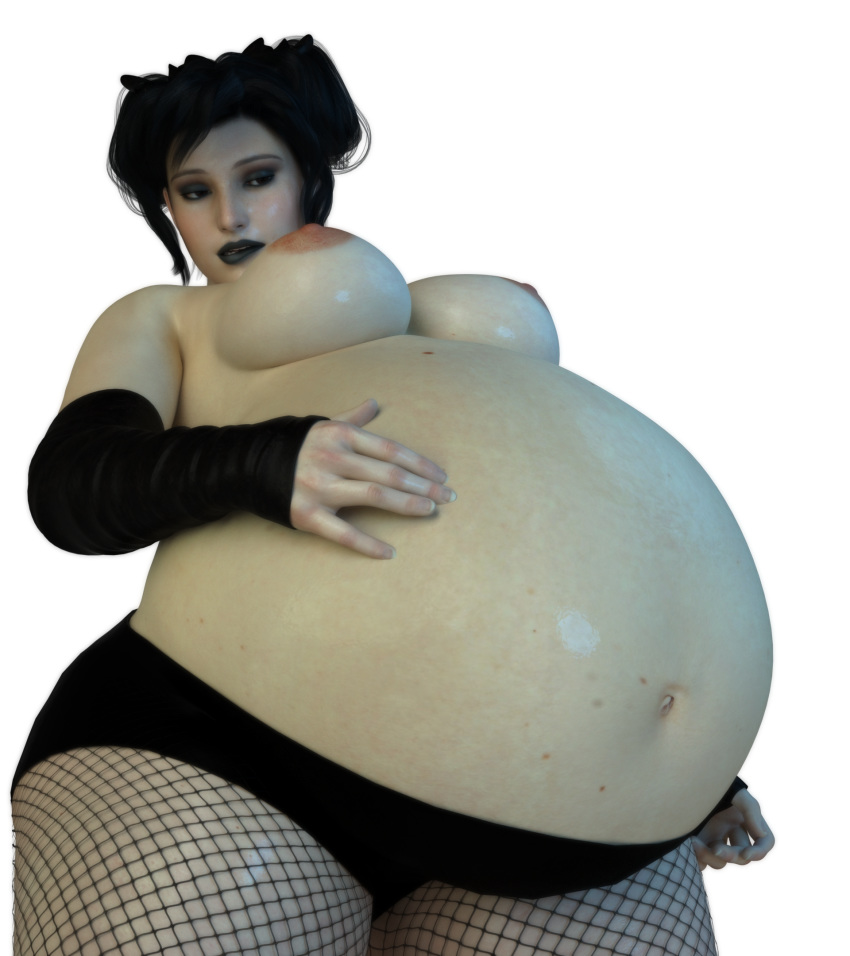 1girls 3d belly belly_expansion belly_inflation big_belly big_breasts black_hair black_lipstick blueskinneddevil breasts expansion female fishnets goth goth_girl handwear huge_belly inflation nipples solo thatoneblueguy thick_thighs