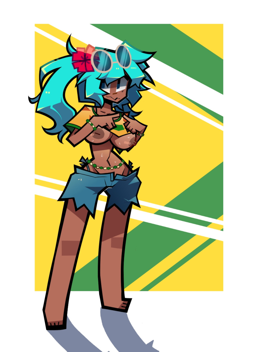 2d 2d_(artwork) areolae barefoot big_breasts bikini bikini_bottom blue_eyes bracelet brazil brazilian brazilian_female brazilian_miku breasts breasts_out busty cartoony crop_top daisy_dukes denim_shorts female female_focus female_only flower_in_hair full_body hatsune_miku hourglass_figure jean_shorts krocur long_hair nipples short_shorts shorts sunglasses_on_head sweat t-shirt tagme tan tan_body tan_skin turquoise_hair twintails vocaloid waist_chain wide_hips