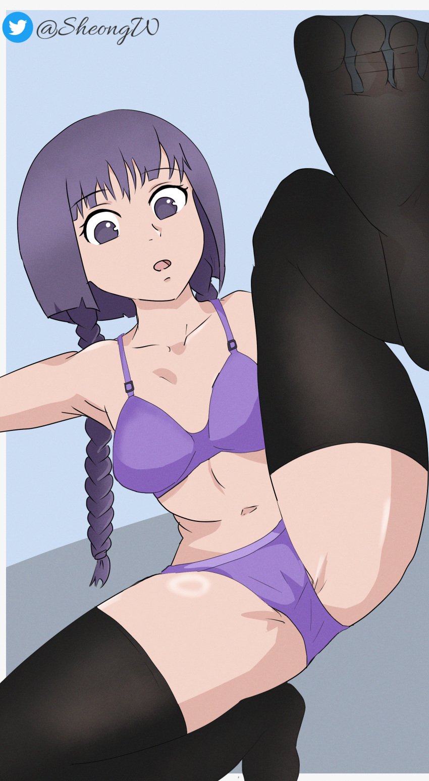 1girls alternate_version_available boruto:_naruto_next_generations bra breasts female female_only foot_focus girl kakei_sumire legs naruto panties purple_bra purple_eyes purple_hair purple_panties sheong_wong tights