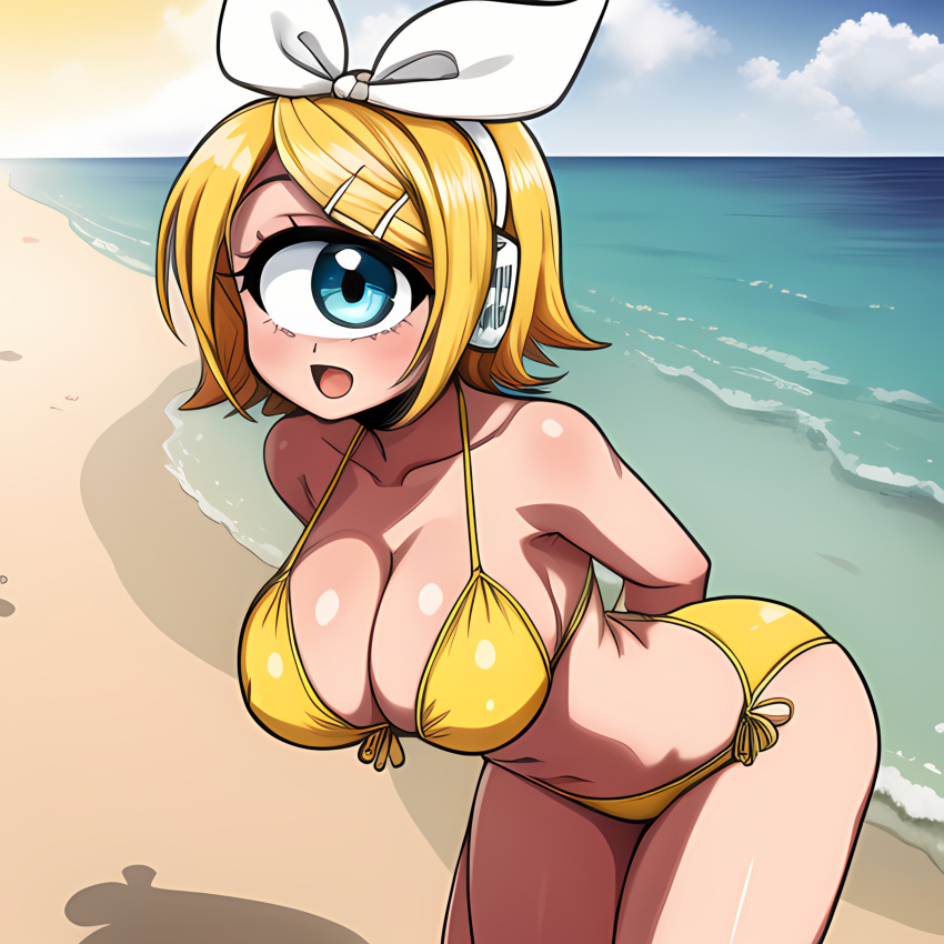 ai_generated beach bikini blonde_hair cyclops female hairpin happy huge_breasts kagamine_rin ocean short_hair smile vocaloid white_bow white_hair_bow yellow_bikini