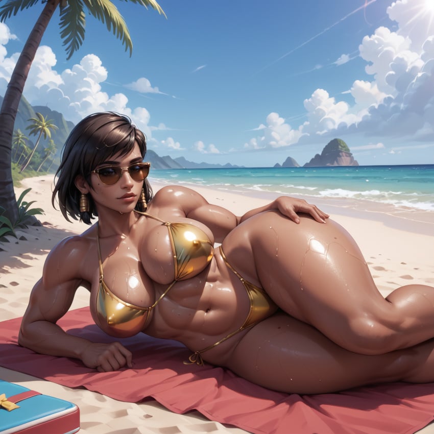 ai_generated beach big_ass big_breasts dark-skinned_female eogard_orc golden_bikini ocean oiled_skin overwatch pharah sunbathing sunglasses vacation