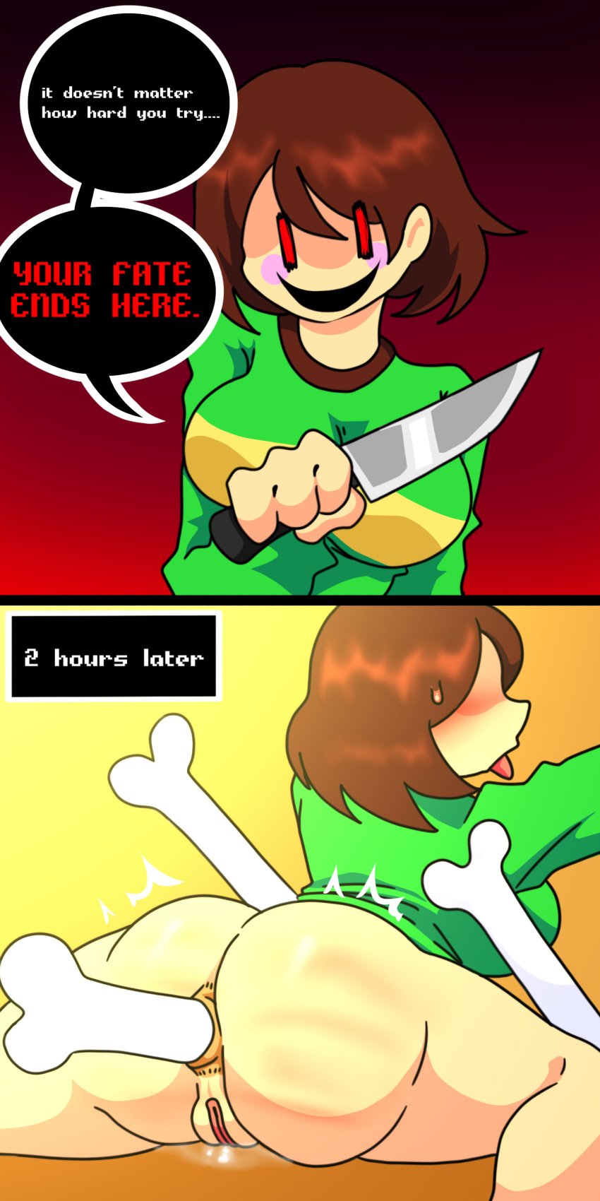 1girl anal anal_insertion anal_rape anal_sex anus ass big_ass big_breasts blush bone breasts brown_hair bumrape chara chara_(undertale) comic dialogue female hazing holding holding_knife holding_weapon knife pussy pussy_juice pussy_juice_drip questionable_consent rape red_eyes sans solo speech_bubble text tongue_out undertale undertale_(series) voideyedpanda