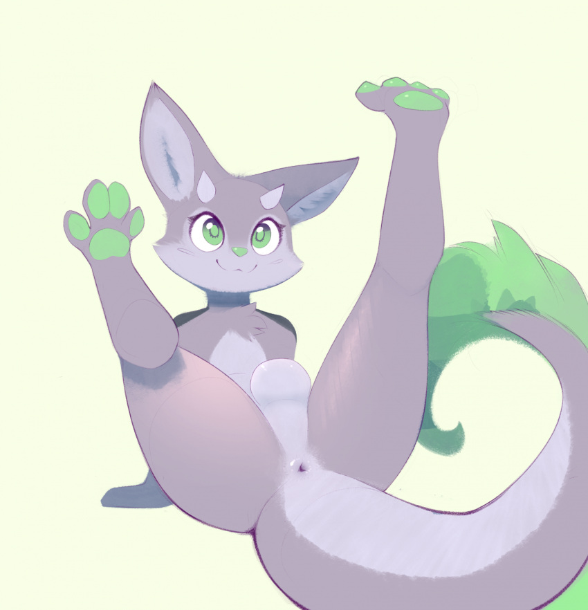 anthro anus ass b-epon balls big_tail canid feet femboy genitals hi_res hybrid jetn_2.0 looking_at_viewer male male_only mammal pawpads paws presenting presenting_hindquarters raised_paw simple_background solo tail