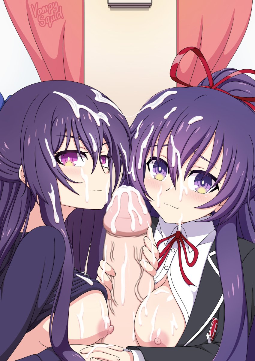 1boy 2d 2d_(artwork) 2girls big_penis breast_squeeze breasts clone cum cum_on_breasts cum_on_face cum_on_hair date_a_live exposed_breasts itsuka_shido light-skinned_female light-skinned_male long_hair looking_at_viewer lying nipples open_shirt penis penis_between_breasts personality_change pink_nipples purple_eyes purple_hair ribbon school_uniform semen semen_on_breasts shirt_lift upper_body vampy_squid veiny_penis yatogami_tohka