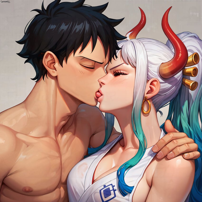 1boy 1girls ai_generated arm_around_shoulder black_hair blush_lines closed_eyes female hoop_earrings horns kissing male monkey_d_luffy multicolored_hair one_piece ponytail skorpa52 tongue_sucking yamato_(one_piece)