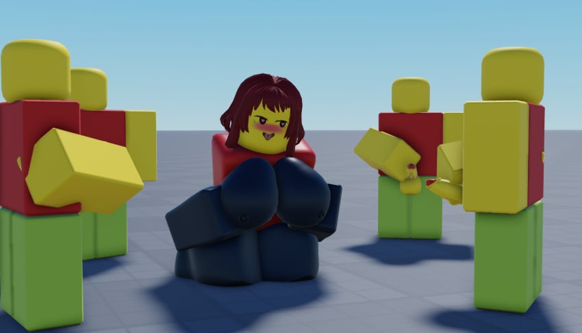 1girls 3d 4boys artist_request balls baseplate blush blushing breasts breasts_out circle_jerk female heart-shaped_pupils masturbation nipples noob penis red_hair roblox robloxian source_request tagme tongue tongue_out