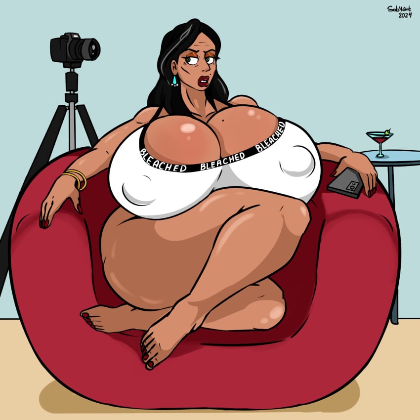 1girls arabian barefoot basma_(sob4art) big_breasts big_thighs black_hair bleached bleached_clothing bottomless bra bracelet camera chair cleavage dark-skinned_female dark_skin earrings female gold_jewelry green_eyes half_naked huge_breasts human human_female jewelry milf nipples_visible_through_clothing older_female olive_(fruit) painted_nails painted_toenails red_nails sideways_glance smartphone sob4art solo solo_female table wine wine_glass