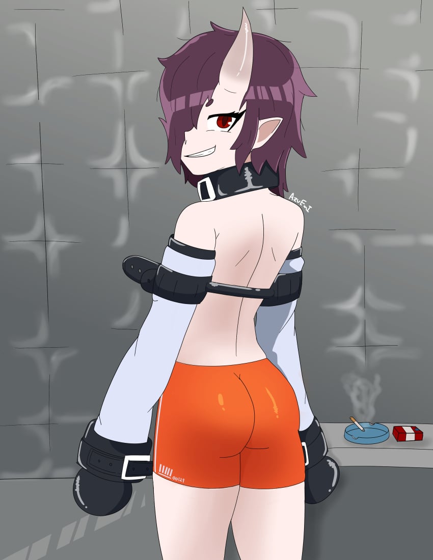 azureemmi_(artist) demon_girl latex oni oni_female oni_horns padded_room prison prisoner smoking