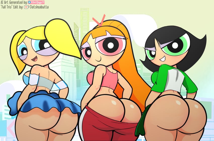 3girls aged_up ai_generated ass ass_cleavage ass_focus backboob big_ass big_breasts big_butt black_hair blonde_hair blossom_(powerpuff_girls) blue_eyes bottomless bubble_ass bubble_butt bubbles_(powerpuff_girls) butt_crack buttercup_(powerpuff_girls) cartoon_network cleavage clothed datsheabutta edit fat_ass fat_butt female female_only green_eyes grin grinning huge_ass huge_butt im_nayu74 lifting_skirt looking_at_viewer looking_back looking_back_at_viewer no_bra no_underwear orange_hair pawg pink_eyes powerpuff_girls pulling_down_pants revealing_clothes seductive seductive_look seductive_mouth seductive_smile sisters solo teasing thick_ass thick_butt topwear twintails underass warner_brothers