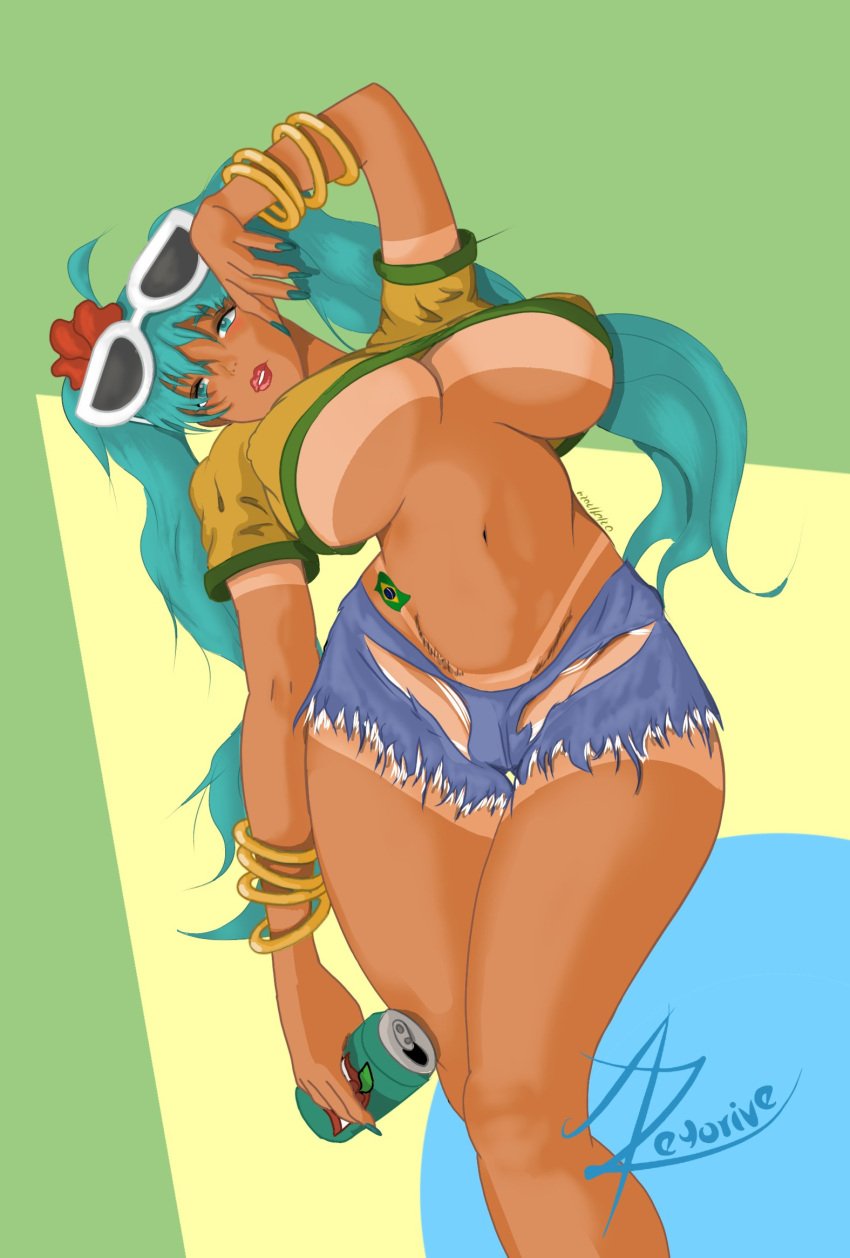 2d athletic athletic_female azeyorive_art bare_midriff big_breasts bikini_tan blue_eyes brazil brazilian brazilian_female brazilian_miku breasts busty can crop_top daisy_dukes denim_shorts erect_nipples female female_focus female_only flower_in_hair hatsune_miku hourglass_figure jean_shorts large_breasts lipstick long_fingernails long_hair makeup nail_polish navel nipple_bulge pinup pinup_pose short_shorts skimpy skimpy_clothes sunglasses_on_head t-shirt tagme tan tan_body tan_skin tanline turquoise_hair twintails underboob vocaloid wide_hips