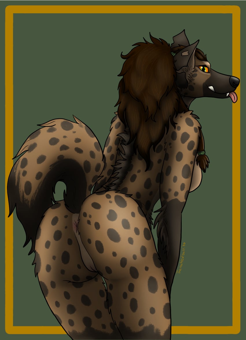 absurd_res anthro anus ass brown_hair female flirting fluffy genitals gnoll grata hair hi_res hyena long_hair mammal markings nude orange_eyes pussy raised_tail solo spots spotted_body tail thehatredburrito tongue tongue_out torn_ear