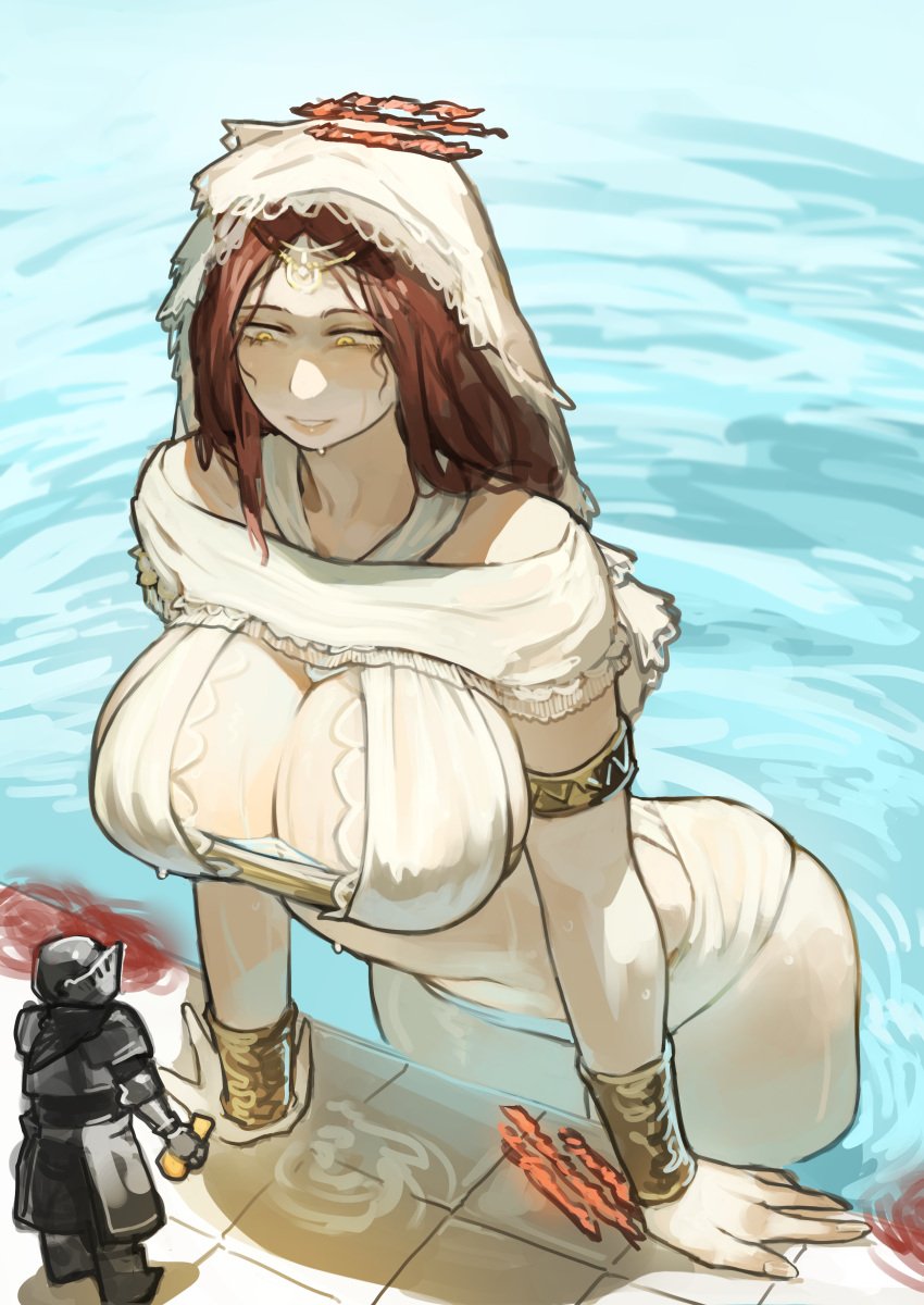 1girls ambiguous_gender armor big_ass big_breasts bigger_female boob_window chosen_undead cleavage dark_souls female female_focus fromsoftware huge_breasts miaojiangyou pool poolside queen_of_sunlight_gwynevere size_difference thick_thighs voluptuous water wet