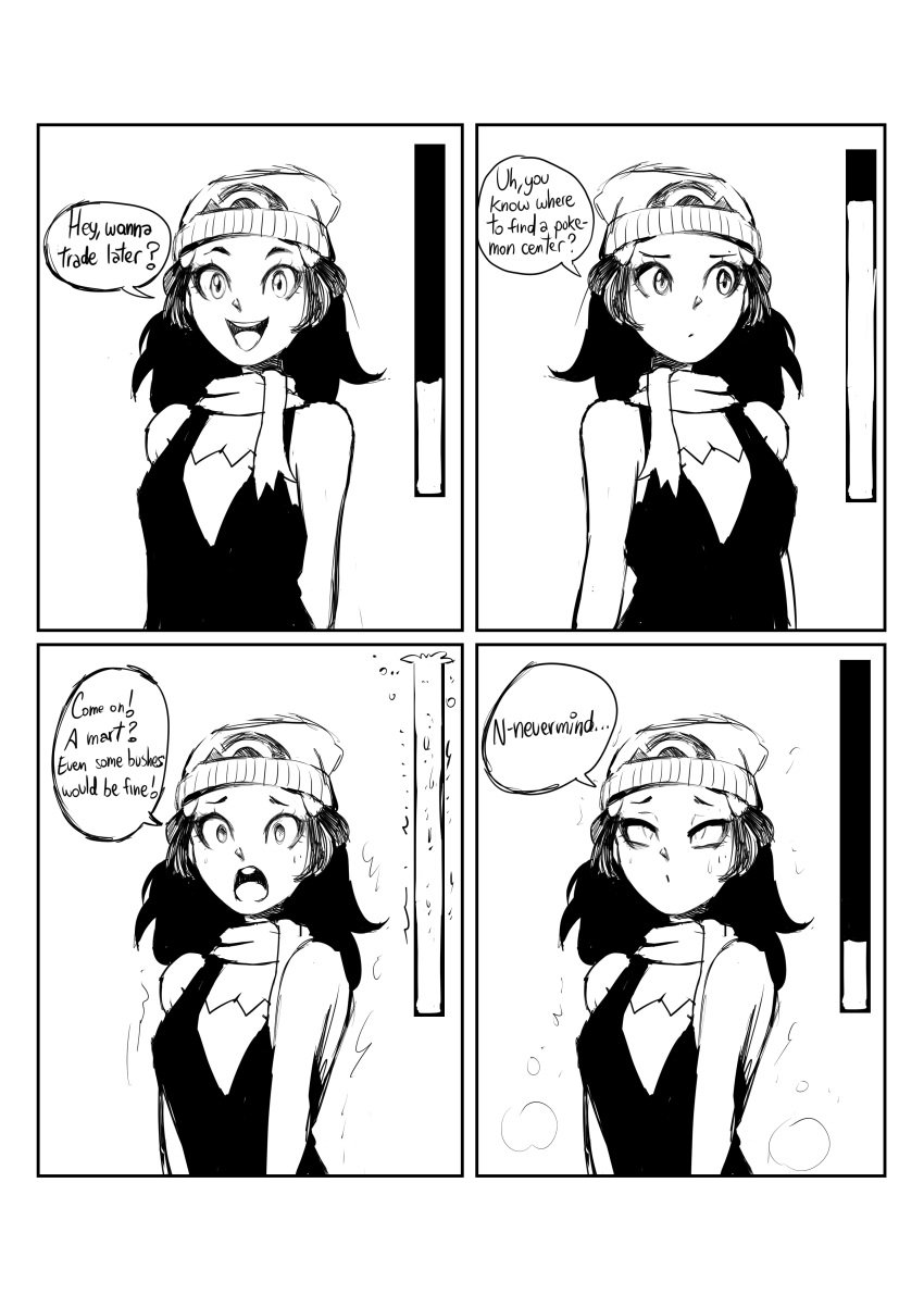 1girls 4koma beanie biku dawn_(pokemon) english_text female greyscale implied_peeing implied_wetting nintendo pokemon pokemon_dppt scarf solo urine_meter