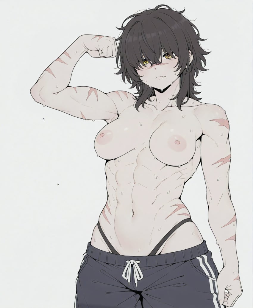 abs ai_assisted biceps black_hair black_panties breasts brown_hair clenched_hand closed_mouth collarbone cowboy_shot female flexing grey_background hair_between_eyes highleg highleg_panties large_breasts looking_at_viewer medium_breasts medium_hair messy_hair muscular muscular_female navel nipples obliques panties pants scar scar_on_arm scar_on_chest scar_on_face scar_on_stomach scars short_hair simple_background solo sondu sweat sweatpants tomboy topless underwear white_background wolf_cut yellow_eyes