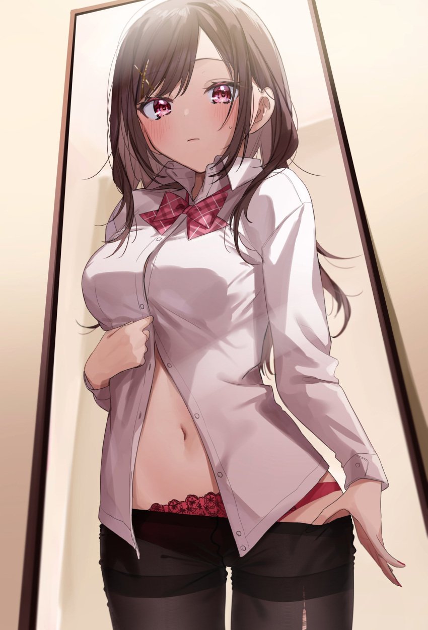 1girls black_pantyhose blush bow bowtie breasts brown_hair chigusa_minori closed_mouth collared_shirt commentary_request cowboy_shot hair_ornament hairclip highres indoors kokoro_iroduku_koi_ga_shitai lace-trimmed_panties lace_trim large_breasts long_hair long_sleeves looking_at_viewer mirror momiji_ayaka navel panties pantyhose partially_unbuttoned pink_eyes plaid_bow plaid_bowtie plaid_clothes red_bow red_bowtie red_panties reflection shirt solo torn_clothes torn_pantyhose underwear white_shirt