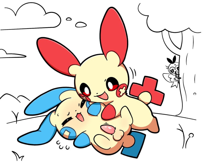 balls duo erection feral generation_3_pokemon generation_7_pokemon genitals hi_res male male/male minun nintendo penis plumflavor plusle pokemon pokemon_(species) pokemon_only ribombee tail