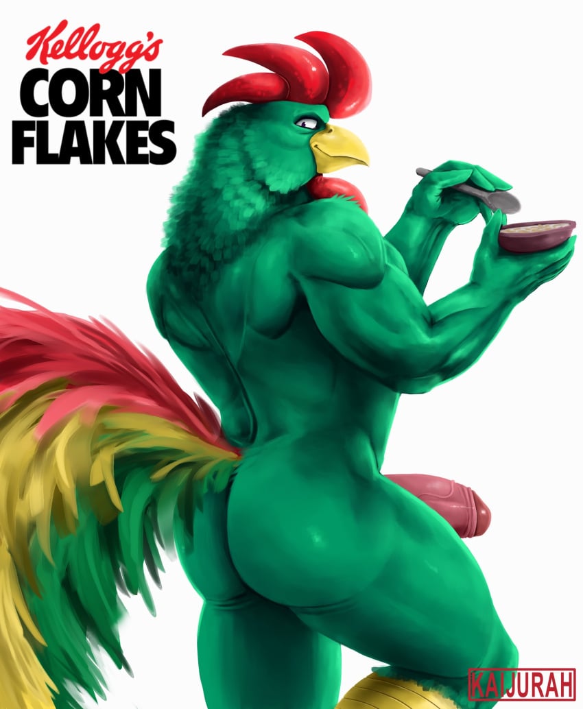 2025 anthro arm_tuft ass avian back_muscles bedroom_eyes biceps bird bubble_butt cereal cereal_bowl cereal_mascot chicken cornelius_(kellogg's) cutlery deltoids erection feather_hair feathers food forearm_muscles foreskin galliform gallus_(genus) genitals green_body green_feathers grin hi_res holding_object humanoid_genitalia humanoid_penis kaijurah kellogg's kitchen_utensils knee_up looking_at_viewer looking_back male muscular muscular_arms muscular_legs muscular_thighs narrowed_eyes nude penis phasianid pseudo_hair rear_view red_body red_feathers seductive shoulder_tuft simple_background smile solo spoon text thick_thighs tools triceps tuft vein veiny_penis white_background yellow_body yellow_feathers