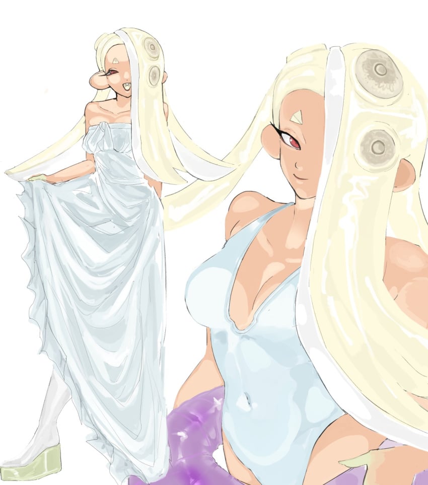1girls alternate_hair_color big_breasts breasts cleavage covered_navel dress female lewa_nn long_hair looking_at_viewer octoling octoling_girl red_eyes shiver_(splatoon) solo splatfest splatoon splatoon_3 swim_ring swimsuit tentacle_hair white_dress white_hair white_swimsuit