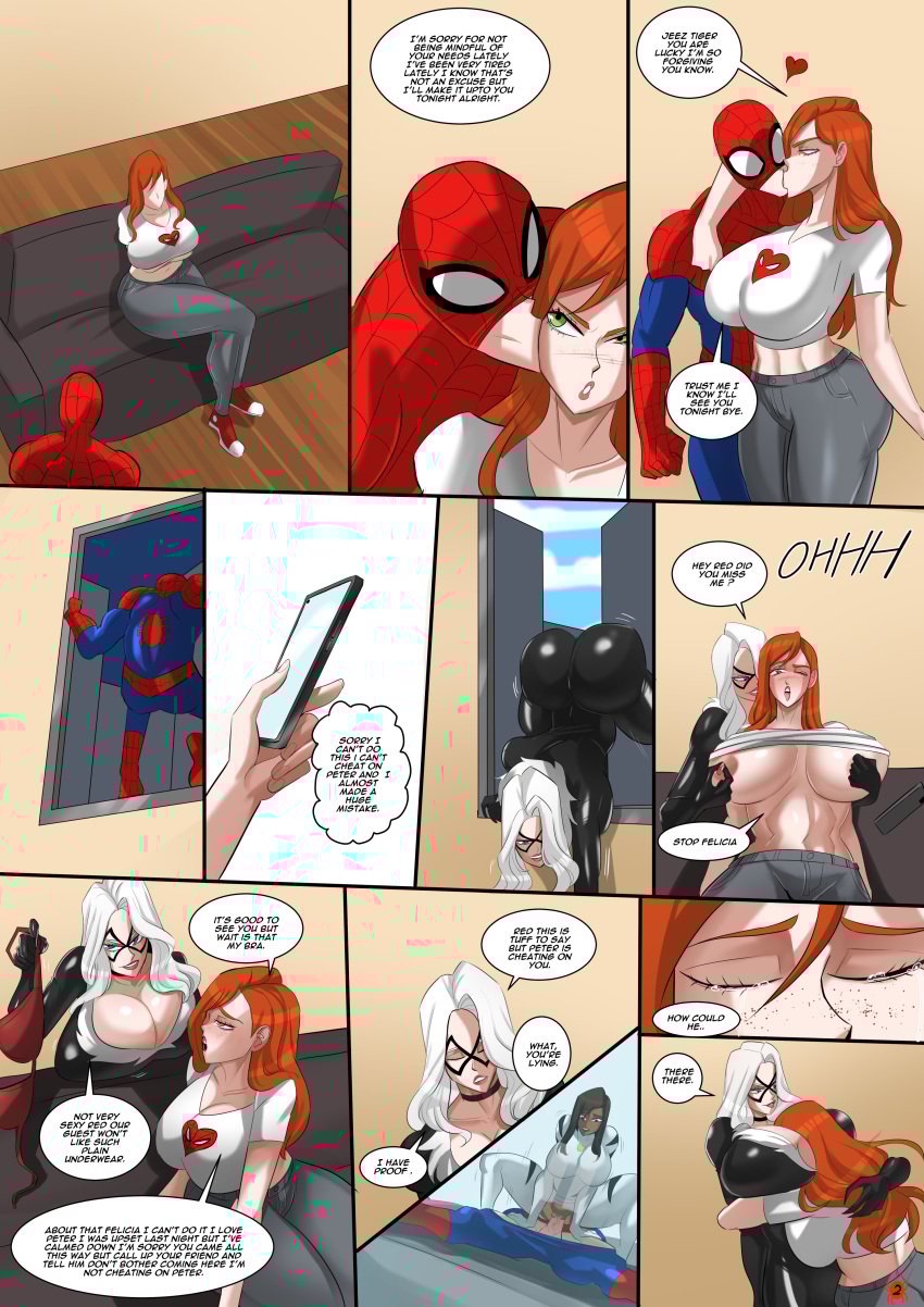 big_ass big_breasts black_cat_(marvel) felicia_hardy kissing marvel_comics mary_jane_watson playing_with_breasts playing_with_nipple spider-man venomarts00 white_tiger_(marvel) zstorys22