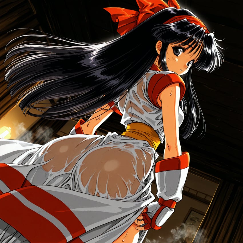 1990s 1990s_(style) 1girls ainu_clothes ass big_ass black_eyes black_hair breasts fat_ass female female_only fingerless_gloves hair_ribbon hi_res king_of_fighters legs looking_at_viewer looking_back medium_breasts nakoruru no_panties parted_lips pose posing samurai_shodown see-through sexy sexy_pose sideboob snk solo teeth thighs voluptuous wet wet_clothes