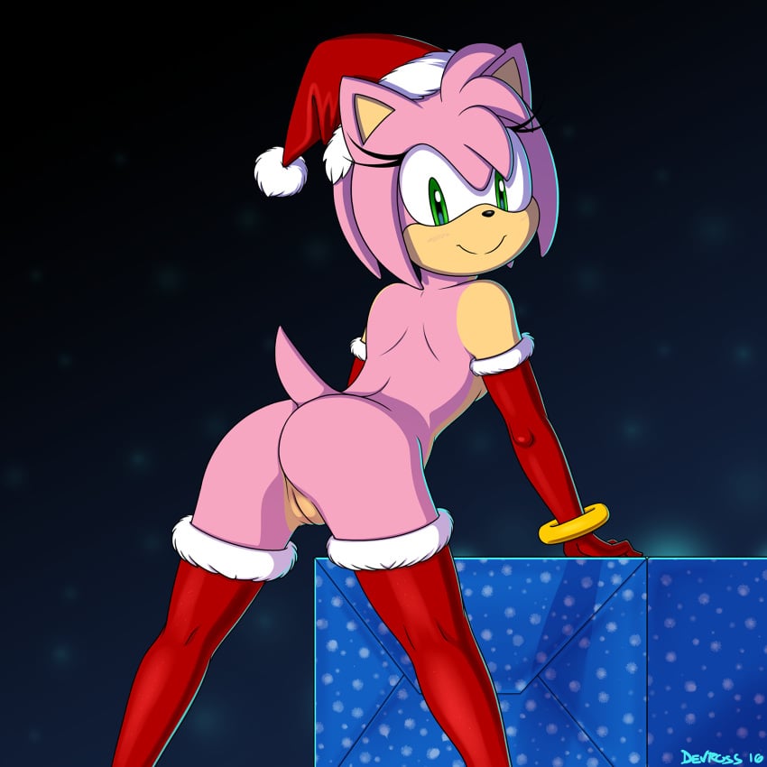 2016 amy_rose anthro armwear ass back_boob back_groove big_eyes black_nose blush bracelet breasts christmas christmas_clothing christmas_headwear clothing countershade_face countershade_neck countershade_torso countershading devo87 elbow_gloves eulipotyphlan eyelashes female fur genitals gift gloves green_eyes handwear hat headgear headwear hedgehog hi_res holidays jewelry legwear looking_at_viewer looking_back looking_back_at_viewer mammal mostly_nude night pink_body pink_fur pseudo_hair pussy quills_(anatomy) santa_hat sega shoulder_blades small_breasts smile solo sonic_the_hedgehog_(series) stockings tan_arms tan_body tan_countershading tan_inner_ear text thigh_highs toony