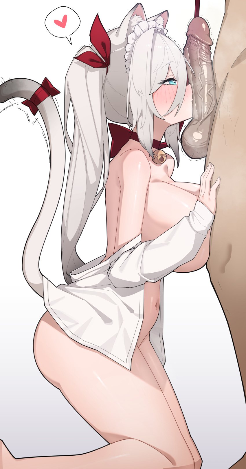 1boy absurdres animal_ear_fluff animal_ears bell blue_eyes blush breasts cat_ears cat_girl cat_tail erection female from_side grey_hair h.pn heart highres jingle_bell kneeling large_breasts long_hair maid_headdress navel neck_bell original penis penis_on_face shirt solo_focus spoken_heart straight tail testicles uncensored veins veiny_penis white_shirt