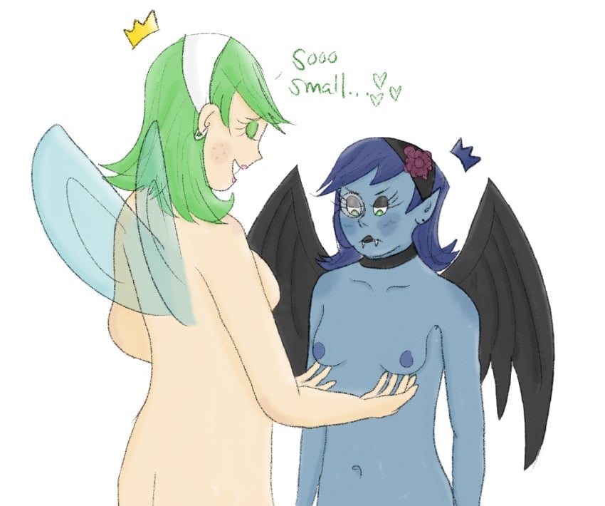 2girls anti-cosmo bat_wings blue_hair blushing choker cosma cosmo cosmo_cosma crown earrings eyeshadow fangs freckles frown genderswap_(mtf) green_eyes green_hair headwear height_difference lipstick monocle nipples nude small_breasts smile the_fairly_oddparents touching_breast wings