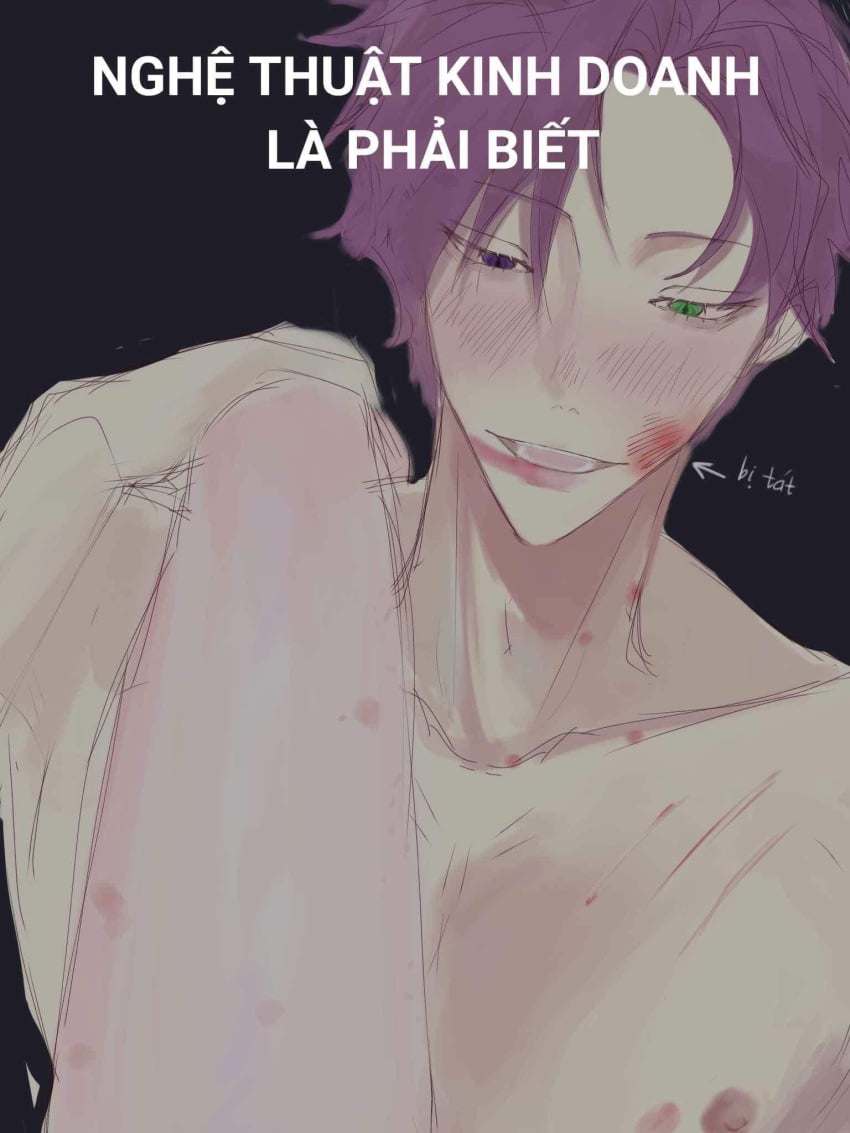 1boy 1girls blood_on_face blush collarbone dark_background different_eye_color female_pov green_eye hickey jaki leg_grab lhms male male/female mary(lhms) muscular muscular_male nipples pov purple_eye purple_hair scar shirtless simple_background slap slap_mark straight thighs unseen_female_face upper_body vietnamese_text violet(lhms)