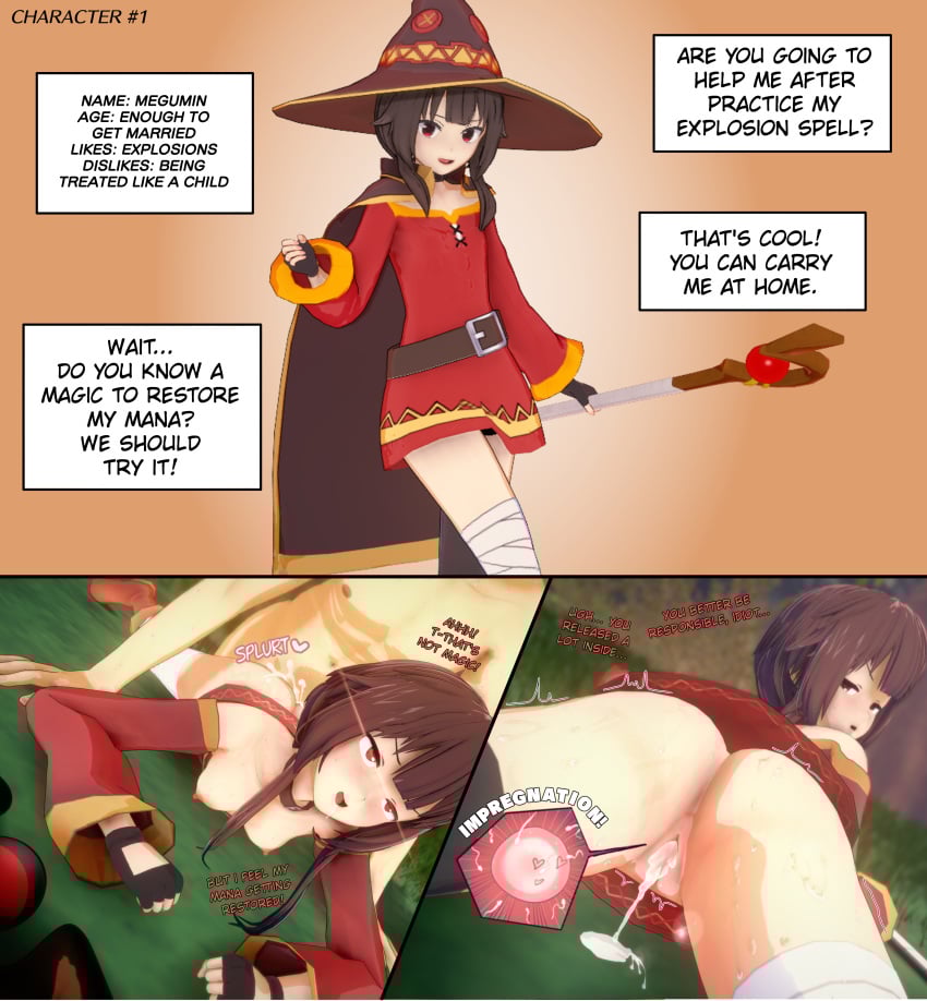 1boy 1girls 3_panel_comic 3d 3d_(artwork) 3d_render 3koma ass ass_focus belt blush blush boots breasts breasts_out brown_hair cape chocker clothed clothed_female_nude_male comic complaining cum cum_drip cum_in_pussy cum_in_pussy cum_inside doggy_style dress faceless_male female fertilization from_behind from_behind_position garbarato gloves hard_nipples hat heterosexual impregnation koikatsu kono_subarashii_sekai_ni_shukufuku_wo! laying_down laying_on_ground laying_on_stomach looking_at_viewer looking_back male male/female male_penetrating male_penetrating_female megumin multiple_scenes multiple_views nipples no_panties outdoor_sex outdoors ovum ovum_with_heart pussy red_dress red_eyes sex sex_from_behind short_hair small_breasts sperm sperm_cell sperm_meets_ovum staff stockings sweat sweatdrop sweating talking talking_to_viewer text text_box tremble_lines trembling wizard wizard_hat