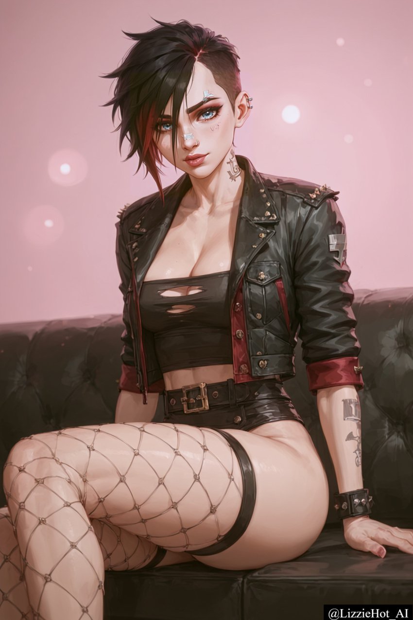 ai_generated arcane arcane_brawler_vi arcane_vi big_breasts black_hair black_jacket blue_eyes breasts clothed eyeliner female fishnets goth goth_girl league_of_legends lizziehot_ai looking_at_viewer multicolored_hair piercing pov_eye_contact red_eyes riot_games short_hair sitting stockings tattoo tattoo_on_neck tattooed_arm tattoos
