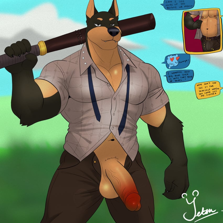 1:1 anthro balls biceps big_penis bottomwear canid canine canis clothed clothing digital_media_(artwork) dobermann domestic_dog duke_(fortnite) english_text epic_games erection fortnite fur genitals hi_res holding_object holding_stick humanoid_genitalia humanoid_penis male mammal message message_box muscular muscular_anthro muscular_male open_bottomwear open_clothing open_pants pants pecs penis pinscher shirt smile solo solo_male standing stick teeth text text_box text_message texting topwear yetsu