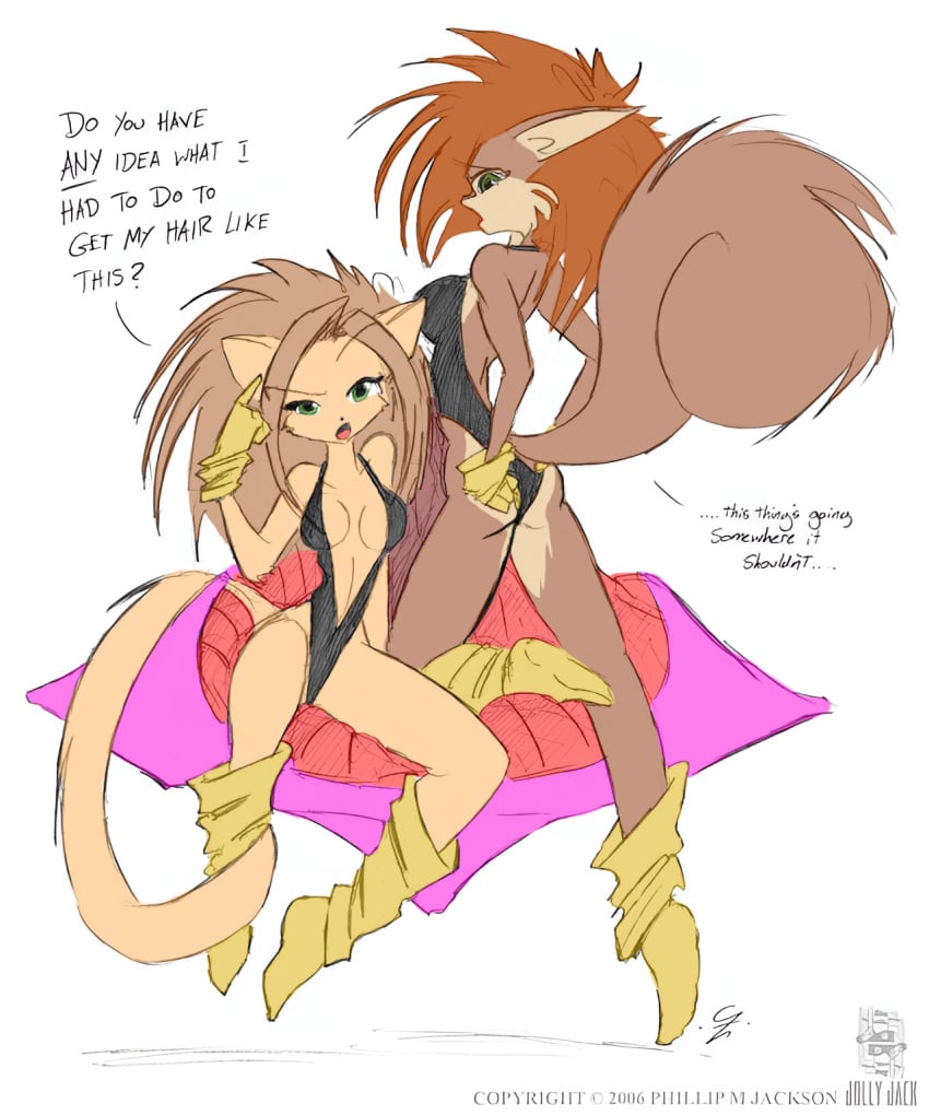 2006 2girls annapuma anthro breasts cat_ears cat_girl cat_humanoid catgirl cleavage clothed clothing colored cosplay dialogue domestic_cat dominion_tank_police duo english_text felid feline feline felis female fluffy fluffy_tail fur hair jolly_jack jollyjack kat_vance mammal monochrome rear_view rodent scarlet_(jolly_jack) scarlet_(sequential_art) sciurid sequential_art sketch socks squirrel tagme text tree_squirrel unipuma webcomic webcomic_character