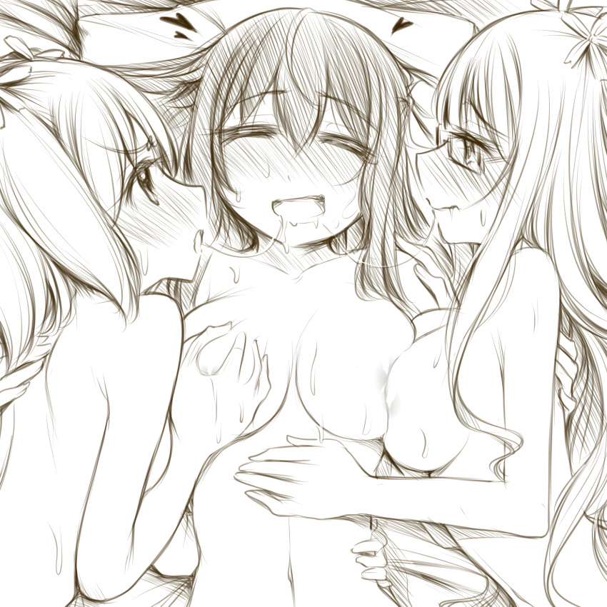 3girls areola bed breasts flower glasses hair_ornament happy heart jealous lying medium_breasts monochrome nipples nude ribbon sakura_trick saliva small_breasts smile sonoda_mitsuki sonoda_yuu takayama_haruka threesome yuri yuriwhale