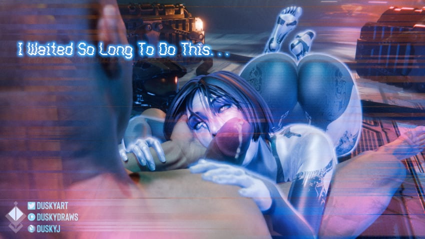 1boy1girl 3d 3d_(artwork) ass big_ass big_butt blender blender_(software) blowjob blue_body blue_hair blue_skin bob_cut brainwashing cock_worship corruption cortana cum dialogue dream dripping_cum duskyart faceless_male feet fellatio female halo_(game) halo_(series) hologram male master_chief mind_break mind_control prone softcore technology tentacle text the_flood virus
