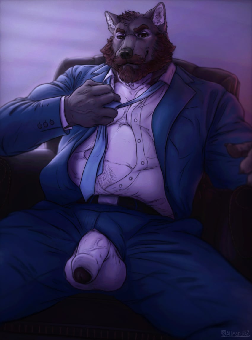 2024 allmand52 anthro balls barazoku beard belly belly_hair black_glans body_hair bottomwear brown_eyes brown_hair canid canine canis chair chest_hair clothed clothing collared_shirt dress_shirt facial_hair flaccid fly_open foreskin front_view furniture genitals glans grin grinning_at_viewer hair hi_res looking_at_viewer male male/male mammal manly mature_anthro mature_male moustache musclegut muscular muscular_anthro muscular_male necktie open_bottomwear open_clothing open_pants open_shirt open_topwear overweight overweight_anthro overweight_male pants pecs penis penis_poking_out penis_through_fly rey_(mezemer) shirt sitting slightly_chubby smile spread_legs spreading suit_jacket topwear undoing_clothing undressing vein veiny_penis white_hair white_penis wolf