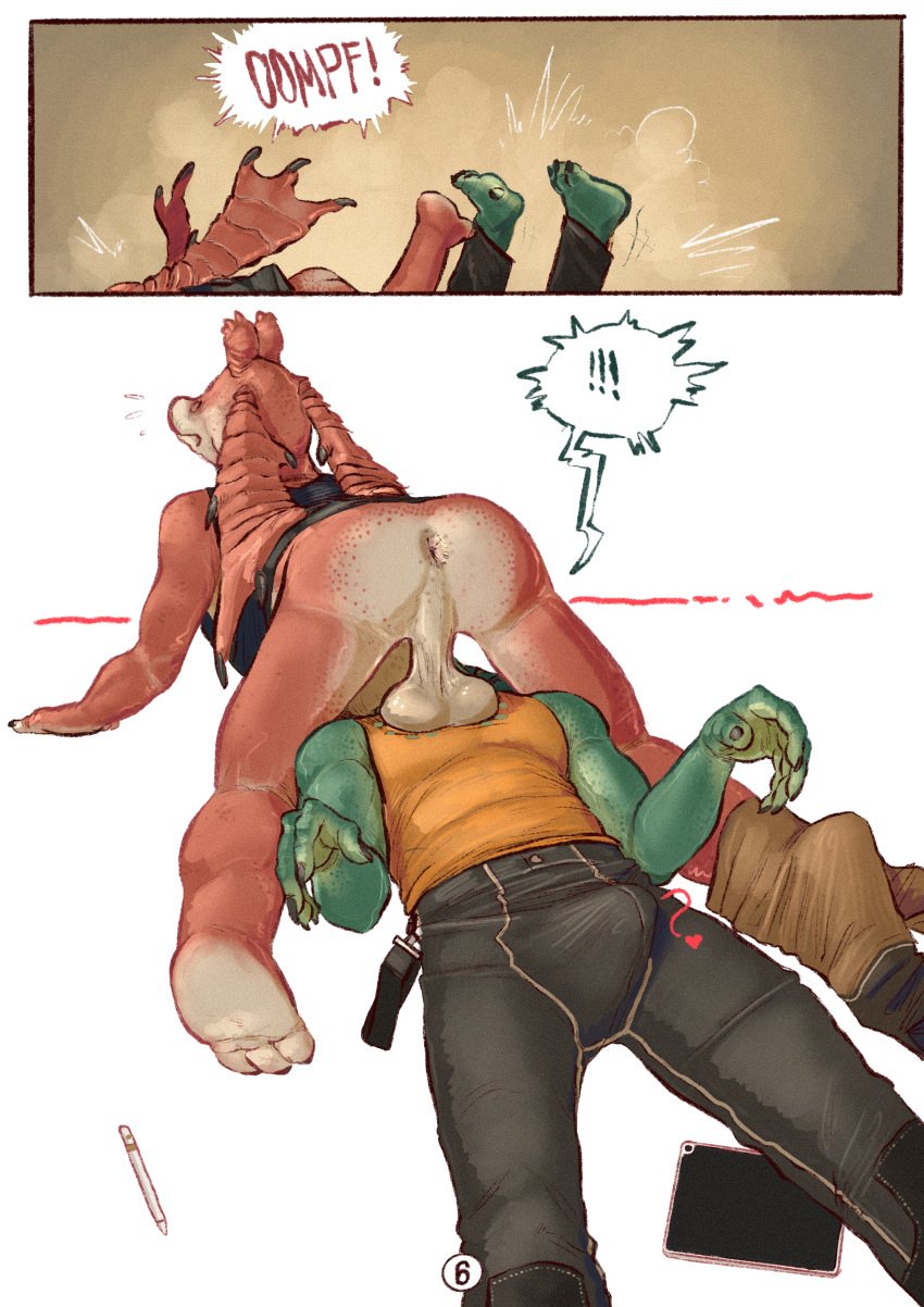 absurd_res accident accidental_exposure alien amphibian anus ass balls banana_da_boi bulge clothed clothing comic duo genitals gungan haillu_(anatomy) hi_res intraspecies jar_jar_binks male male/male male_only on_ground otolla_gungan penis saggy_balls simple_background star_wars tackle tea_bagging tenting yaoi