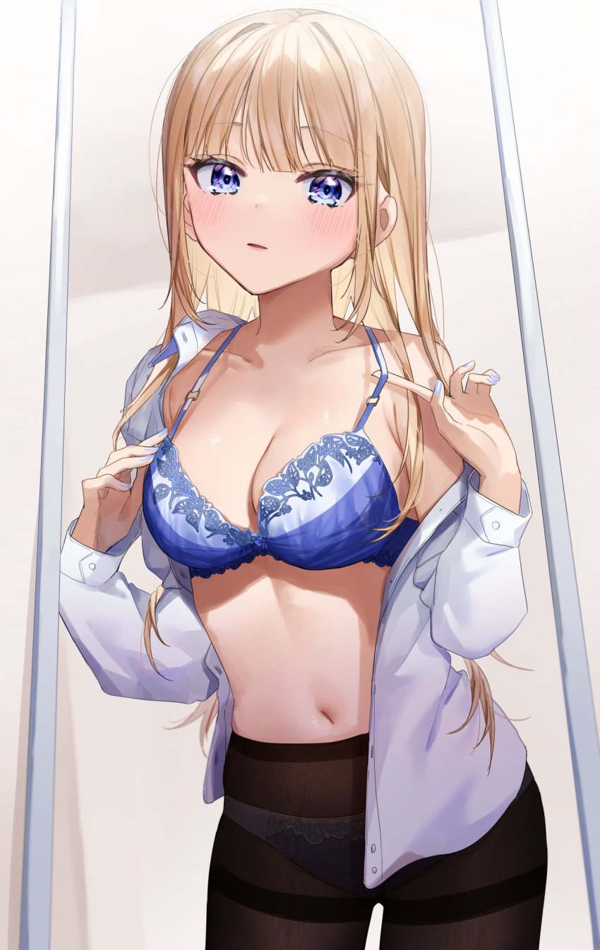 1girls aoba_miu black_pantyhose blonde_hair blue_bra blue_eyes blue_panties blunt_bangs blush bra breasts ceiling chigusa_minori cleavage collarbone commentary_request floral_print highres indoors kokoro_iroduku_koi_ga_shitai long_hair long_sleeves looking_at_mirror looking_at_viewer medium_breasts mirror nail_polish navel open_clothes open_shirt panties panties_under_pantyhose pantyhose parted_lips reflection shirt solo standing thighband_pantyhose underwear undressing white_shirt