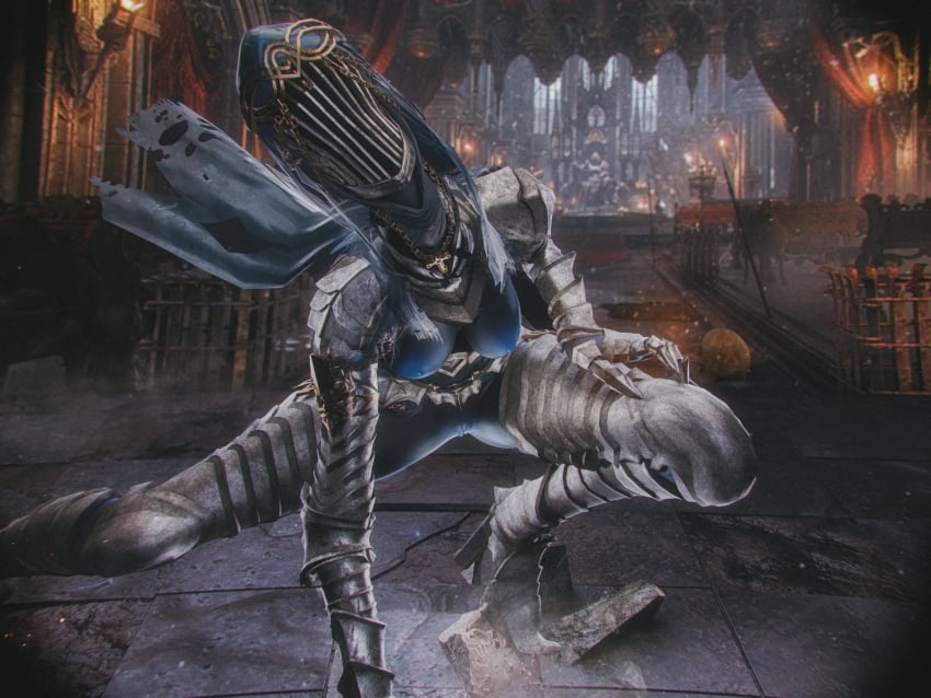 3d blue_genitals blue_nipples breasts breasts_out broken_armor dancer_of_the_boreal_valley dark_souls dark_souls_3 female female_focus female_only half-dressed half-naked helmet helmet_covering_face humanoid kneeling looking_at_viewer maxsterbrge monster_girl no_face plumpkinstem