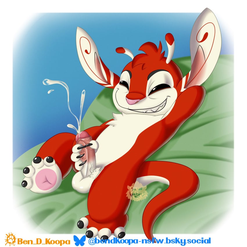 1boy 1male 1monster 2025 absurd_res antennae balls ben_d_koopa black_eyes clawed_fingers claws cum cumming cumshot digital_art digital_drawing_(artwork) digital_media_(artwork) experiment_(lilo_and_stitch) ferlo laying_down long_ears male male_only masturbation naked nude penis pink_nose red_body red_fur red_hair simple_background simple_shading smile smiling smiling_at_viewer smirk smirking smirking_at_viewer vein watermark white_fur