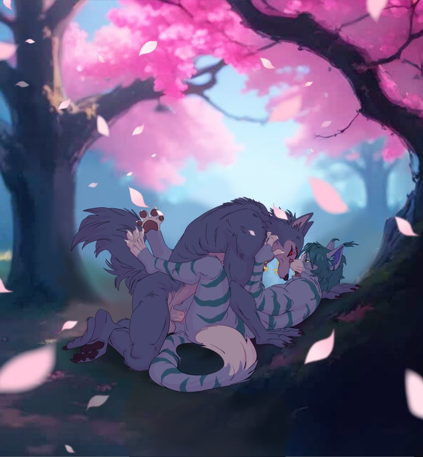 absurd_res anal anal_sex anthro anus balls beastars canid canine canis cherry_blossom duo eye_contact felid feline flower forest forest_background from_front_position fur genitals greko_the_cat hi_res interspecies landscape legoshi_(beastars) looking_at_another love male male/male male_anthro male_penetrated male_penetrating male_penetrating_male mammal nature nature_background night open_mouth outside_sex penetration penile penile_penetration penis penis_in_ass plant prunus_(flower) romantic sex striped_body striped_fur stripes tree wolf