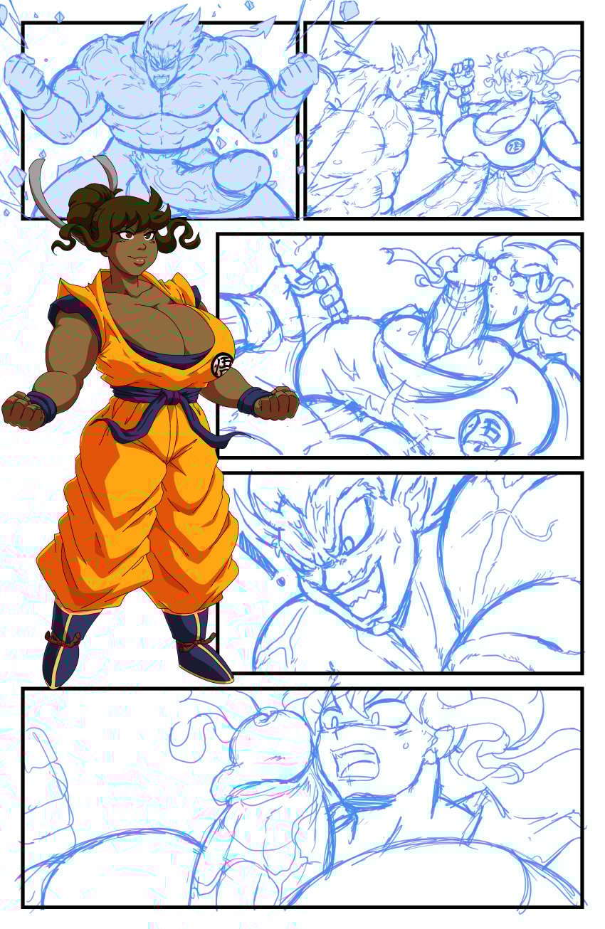 black_girl comic comic_page curvy_female debris demon_male demonroyal dragon_ball dragon_ball_z forced_paizuri hair_bun huge_breasts kiki_(demonroyal) male muscles muscular muscular_male paizuri paizuri_under_clothes power_up roughness royal_(demonroyal) shocked shocked_expression shocked_eyes tied_hair titjob turtle_school_uniform veiny_muscles veiny_penis wip work_in_progress