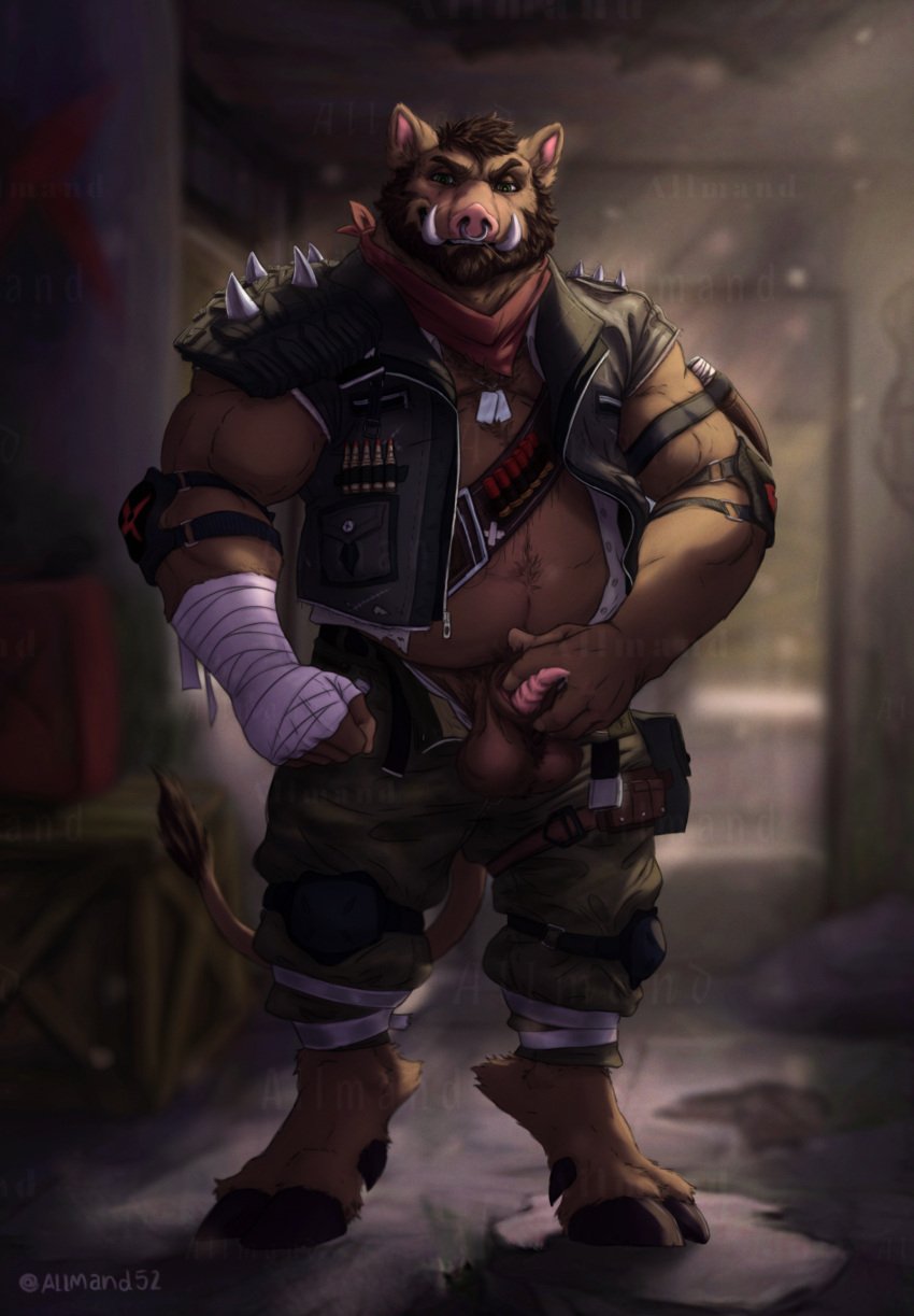 2024 allmand52 ammunition animal_genitalia animal_penis anthro arm_wraps armor axel_(axelwereboar) balls bandolier barazoku beard belly belly_hair belt biceps body_hair bottomwear calf_muscles chest_hair clothed clothing digitigrade dog_tag_necklace erection facial_hair facial_piercing fist forearm_muscles front_view genitals green_eyes grin hairy_balls hand_on_penis happy_trail hi_res hooves kerchief knee_guards looking_at_viewer male mammal masculine_male musclegut muscular neckerchief neckwear nose_piercing nose_ring open_bottomwear open_clothing open_pants open_topwear open_vest pants pecs penis penis_poking_out piercing porcine_penis pubes ring_piercing shoulder_pads slightly_chubby smile smiling_at_viewer solo spiked_armor spiked_shoulder_pads spikes standing suid suine sus_(pig) topwear triceps vest wild_boar wraps