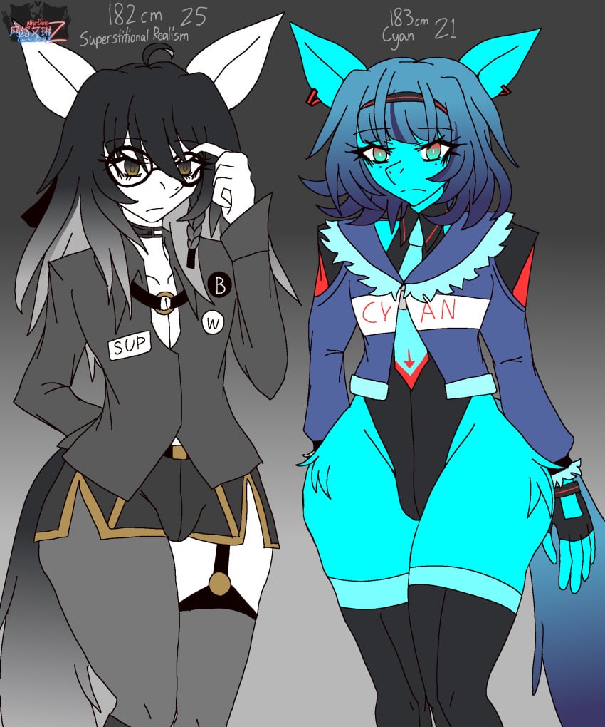 2025 2boys airiin220 big_thighs bulge bulge_through_clothing clothing cyan_(horse_race_test) cyberairiin_(airiin220) femboy furry_only girly glasses horse horse_race_test leotard long_sleeves male male_only multicolored_eyes multicolored_hair short_hair shorts stockings superstitional_realism