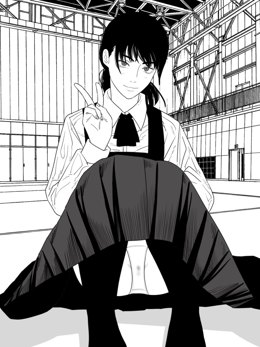 chainsaw_man closed_mouth collared_shirt commentary door female fujimoto_tatsuki_(style) greyscale gym hand_up highres indoors knees_up light_smile long_sleeves looking_at_viewer mitaka_asa monochrome nanami_toga panties pussy_juice_stain shirt sitting solo stained_panties underwear v