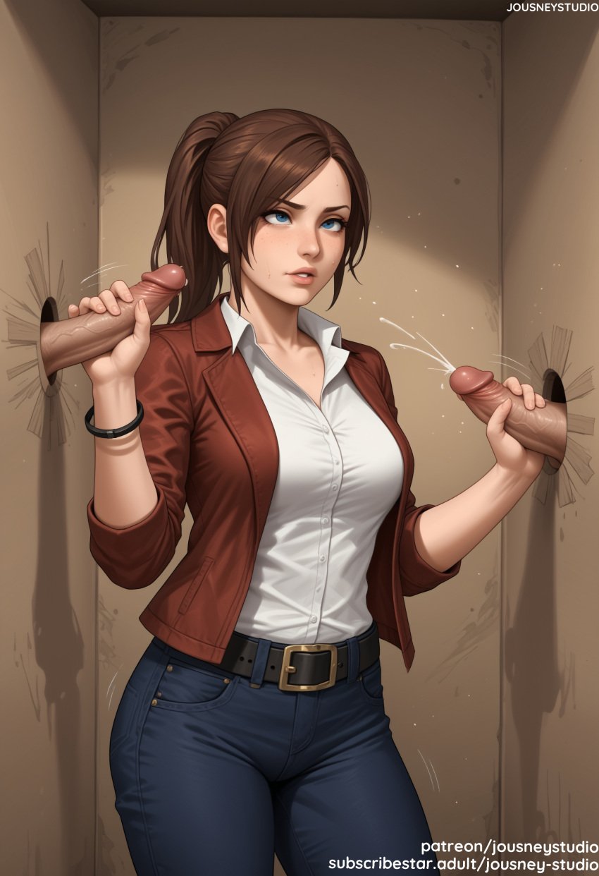 2boys ai_generated bangs belt black_pants blue_eyes blue_pants blush bracelet breasts brown_hair claire_redfield clothing collared_shirt cum denim double_handjob dress_shirt ejaculation erection female female group group_sex handjob jacket jeans jewelry jousneystudio large_breasts large_penis lips long_hair male mmf_threesome multiple_boys multiple_penises open_clothes open_jacket pants parted_lips penis ponytail precum red_jacket resident_evil semen shirt shirt_tucked_in solo_focus standing straight tekoki testicles threesome veins white_shirt