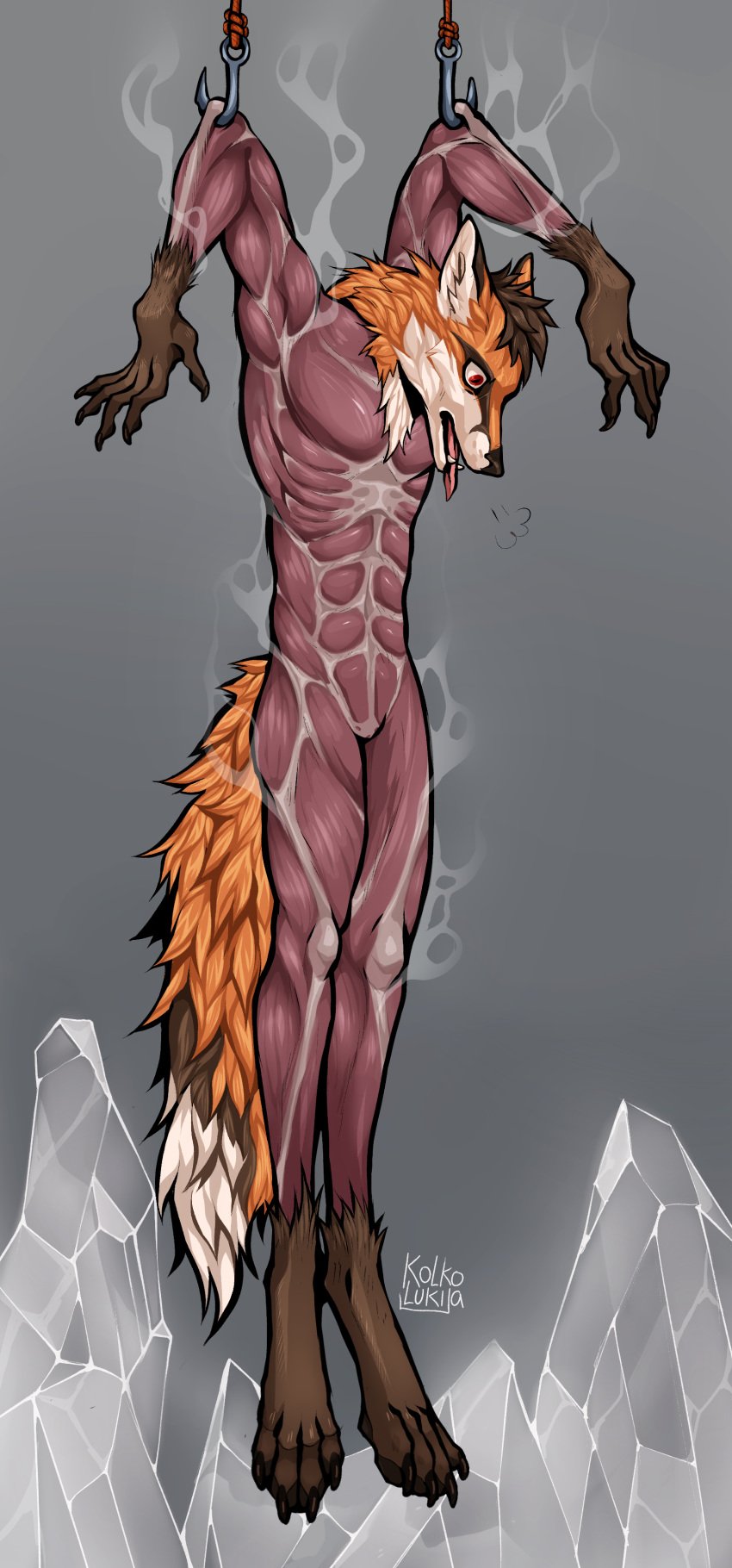 absurd_res cook cooking death food fur gore hi_res hook kolkolukija meat open_mouth red_body red_fur salt skinless skinning skinny_male tongue tongue_out torture