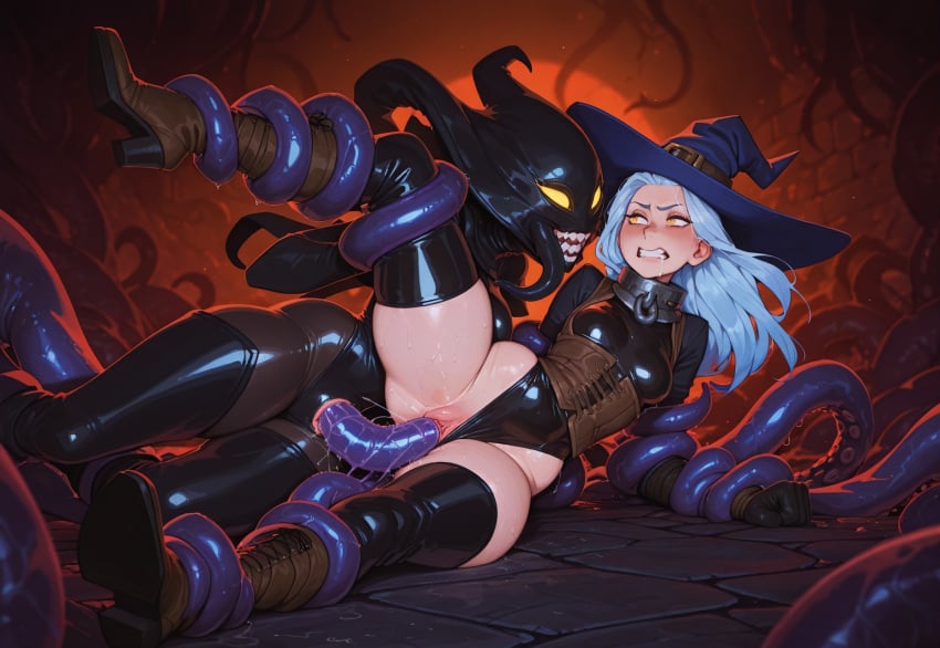 ai_generated blue_hair blush bondage captured collar female gwen leopard peril_reviwer restrained_by_tentacles revealing_clothes shackles skintight_clothing tentacle tentacle_monster tentacle_rape tentacle_sex thighhighs wizard wizard_hat yellow_eyes yuri